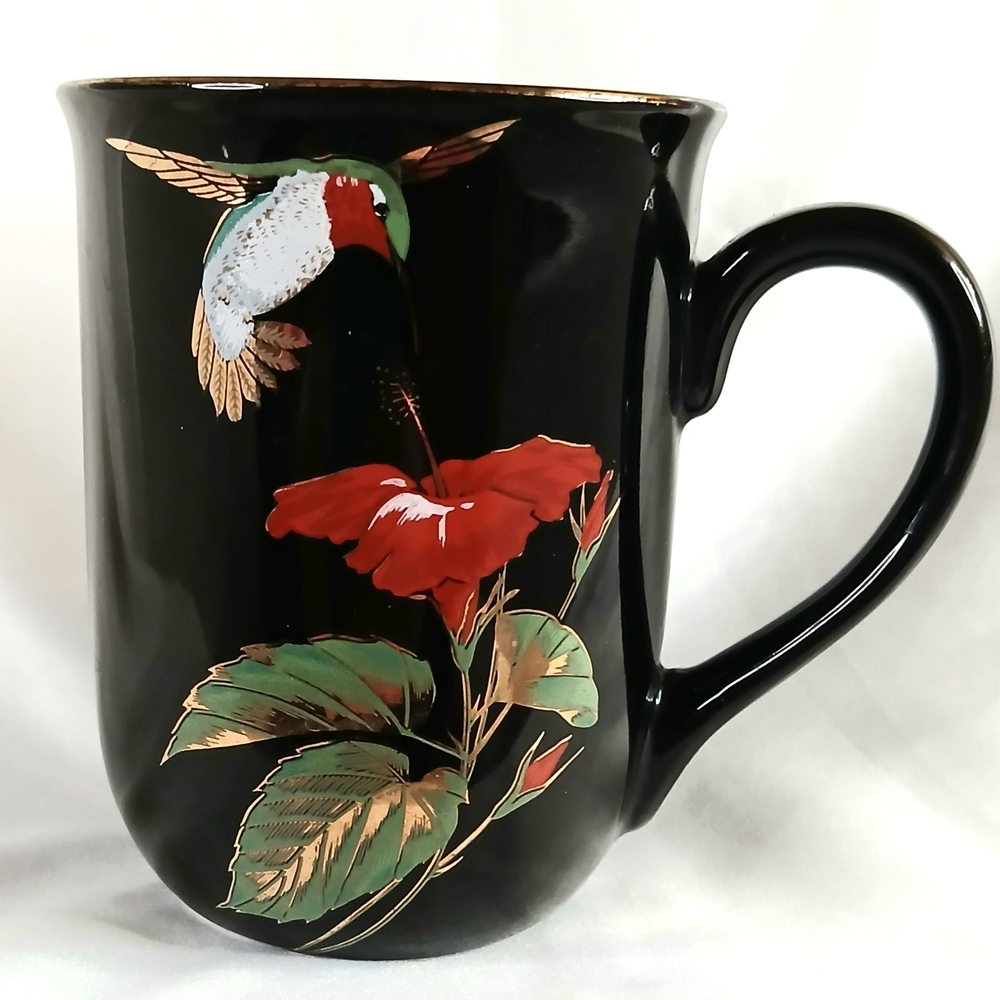 Otagiri Black Mug with Hummingbird and Floral Design